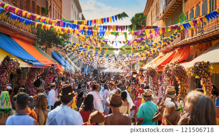 Colorful street festival with people in traditional attire dancing under vibrant bunting flags, surrounded by market stalls and historic buildings 121506718