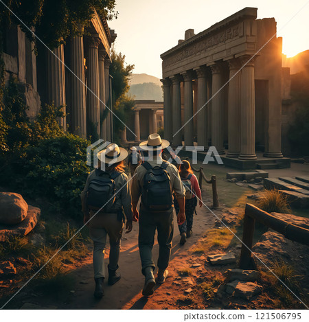 A group of people, some wearing hats and backpacks, walk through an ancient ruin with tall columns and stone structures, bathed in warm sunlight 121506795