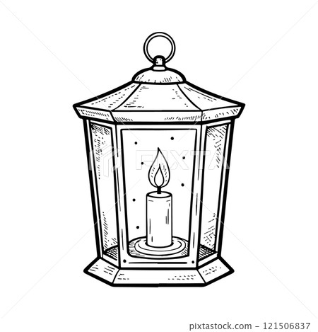 Hand drawn vintage lantern with candle. Tradional Christmas decoration design element Hand drawn vintage lantern with candle. Tradional Christmas decoration design element 121506837