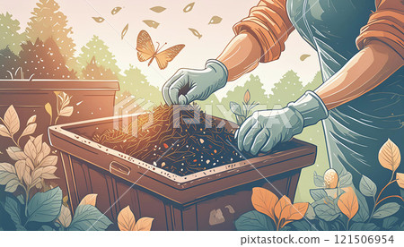 Vibrant digital art of hands tending to a lush garden box 121506954
