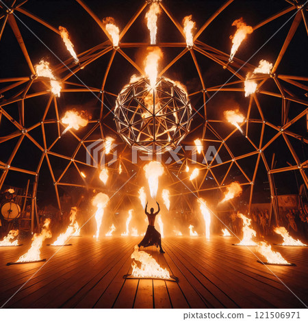 Fiery performance inside a geodesic dome, with a central flaming sphere 121506971