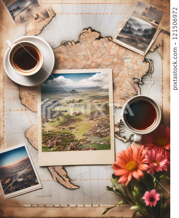 Vintage map with photos, coffee cups, and flowers. A nostalgic journey through time Vintage map with photos, coffee cups, and flowers. A nostalgic journey through time 121506972