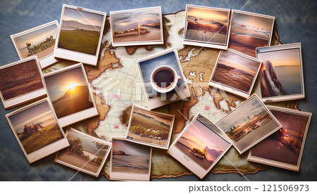A collage of travel photos and a map on a desk with a coffee cup A collage of travel photos and a map on a desk with a coffee cup 121506973