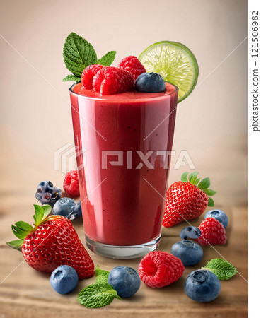 A glass of red smoothie with a lime wedge and mint, surrounded by raspberries, blueberries, and strawberries 121506982