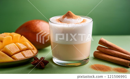 A mug of creamy, frothy drink topped with cinnamon, with a mango in the background 121506991