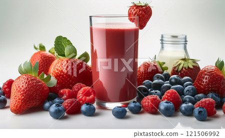 A glass bottle filled with a red smoothie surrounded by strawberries, raspberries, and blueberries 121506992
