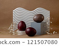 Easter Egg Display with Geometric Shapes and natural Background 121507080