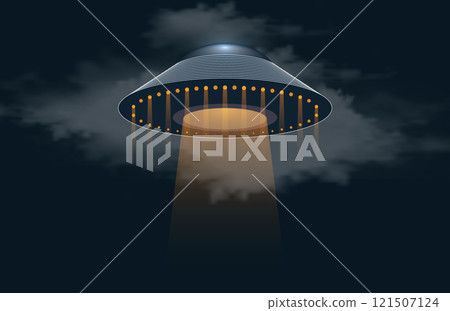Alien spaceship emitting light beam in the sky. Ufo Uap concept, Unidentified Flying Object Saucer, Extraterrestrial visitors. 121507124