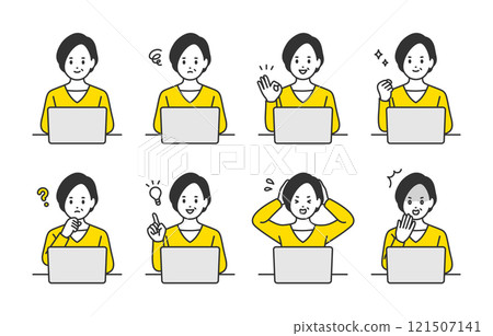 A set of middle-aged women with various expressions and poses while looking at a computer [People vector illustration material] 121507141