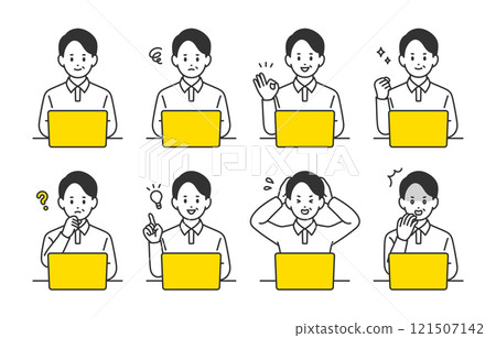 A set of middle-aged men with various expressions and poses while looking at a computer [People vector illustration material] 121507142