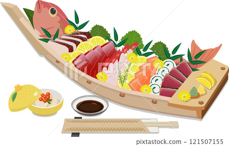 Seafood boat platter with small bowl of scallops and soy sauce 121507155