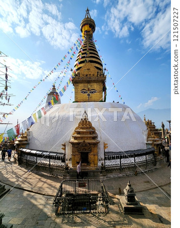 Nepal: Kathmandu, the golden Swayambhunath - Nepal's blue sky and historical architecture 121507227