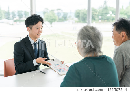 商人向老年夫婦解釋、提議、指導和推薦(銀行工作人員、資產管理、股票、投資、保險) 商人向老年夫婦解釋、提議、指導和推薦(銀行工作人員、資產管理、股票、投資、保險) 121507244