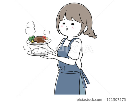 Restaurant staff carrying food (blue) 121507273