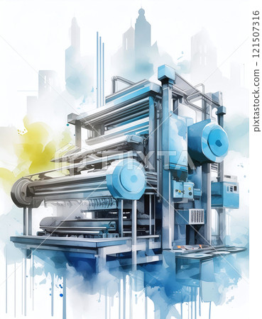 A watercolor illustration of an industrial machine with cylindrical components A watercolor illustration of an industrial machine with cylindrical components 121507316