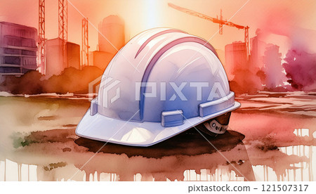 Industrial Reflections A digitally created watercolor illustration featuring a white safety helmet against an industrial backdrop 121507317