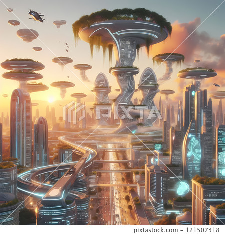 A futuristic cityscape with towering bioluminescent skyscrapers, flying vehicles, and lush vegetation A futuristic cityscape with towering bioluminescent skyscrapers, flying vehicles, and lush vegetation 121507318