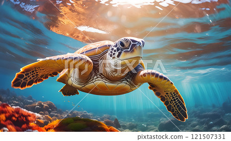 Sea turtle glides through sunlit ocean floor with coral reef 121507331