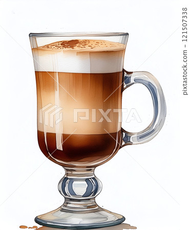 A tall glass of layered coffee topped with whipped cream and chocolate shavings A tall glass of layered coffee topped with whipped cream and chocolate shavings 121507338