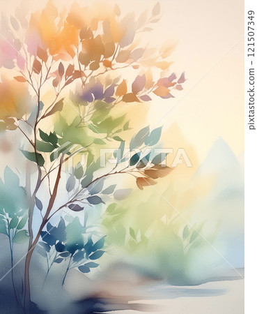 Watercolor painting of a tree with colorful leaves, overlooking a tranquil landscape 121507349