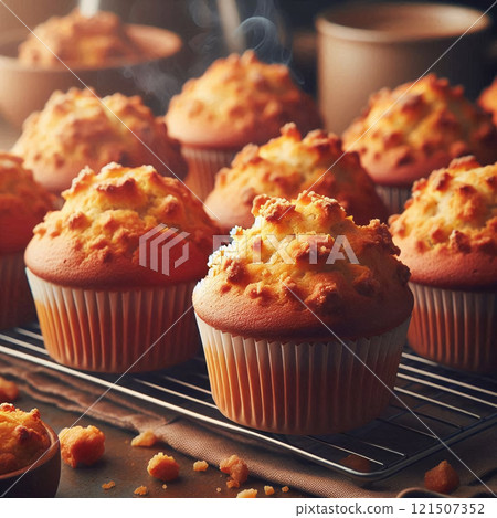 Freshly baked, golden brown muffins on cooling rack. Crumbs scattered, steam rises, warm tones Freshly baked, golden brown muffins on cooling rack. Crumbs scattered, steam rises, warm tones 121507352
