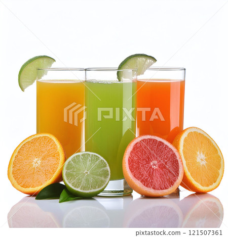 Three glasses of colorful fruit juices with sliced citrus fruits 121507361