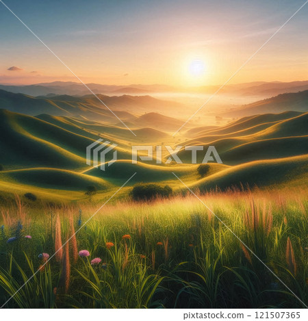 Sunrise over rolling hills, a breathtaking landscape Sunrise over rolling hills, a breathtaking landscape 121507365
