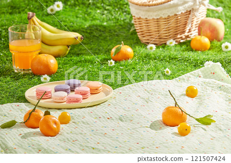 Picnic theme photography for advertising poster from high angle shot. Blank space on pastel picnic carpet for product placing, decorated by fresh fruit, small cake and orange juice Picnic theme photography for advertising poster from high angle shot. Blank space on pastel picnic carpet for product placing, decorated by fresh fruit, small cake and orange juice 121507424