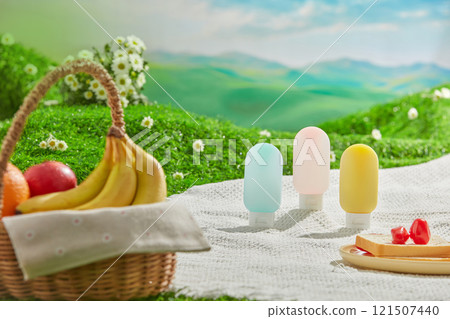 A holiday picnic on green hill photograph from frontal shot, on hilly scene in back. Some empty label sunscreen tubes in different colors displayed on picnic carpet, beside it is picnic foods 121507440