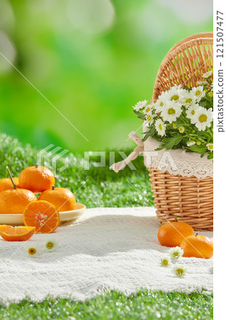 A daisy basket, tangerines, an orange dish, and a white picnic blanket are arranged in a lush meadow to create an empty area for presentation products. An ad for cosmetics with a picnic concept. 121507477