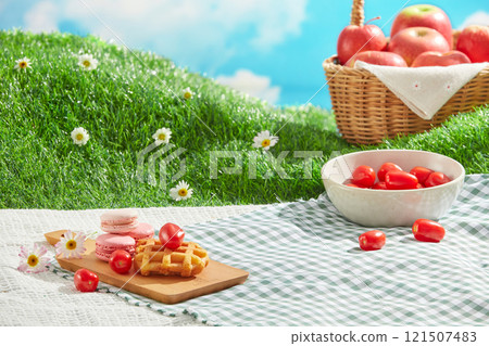 A scene of a picnic in a green pasture, shows an empty space for display products on a blue mat, next to a cutting board filled with some macaroons, a tomatoes bowl, and an apple rattan basket. A scene of a picnic in a green pasture, shows an empty space for display products on a blue mat, next to a cutting board filled with some macaroons, a tomatoes bowl, and an apple rattan basket. 121507483