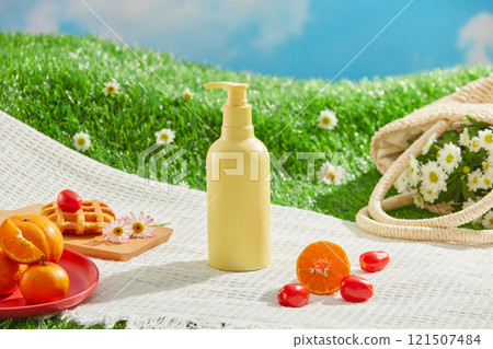 Front of a yellow pump bottle placed in a white mat, surrounded by a red plate filled with oranges, tomatoes, cakes, and a seagrass bag containing daisy flowers. Picnic scene in a fresh grass backdrop 121507484