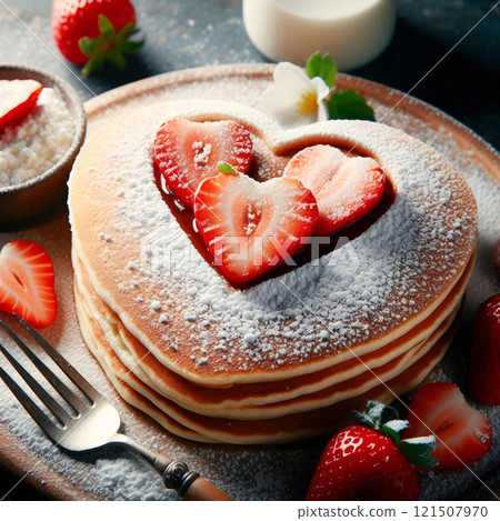 A stack of fluffy heart-shaped pancakes topped with fresh strawberries and powdered sugar 121507970