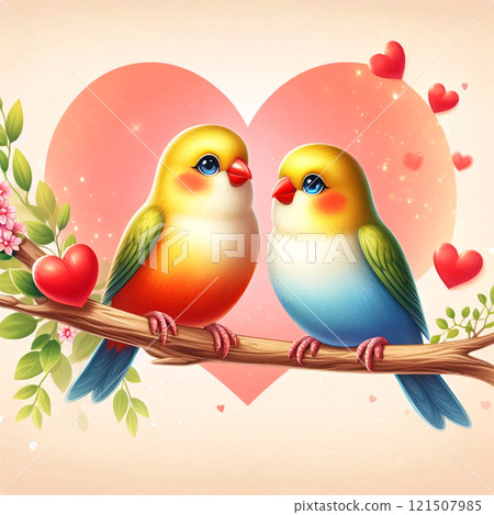 Two cute birds perched on a branch, surrounded by a heart-shaped bokeh 121507985