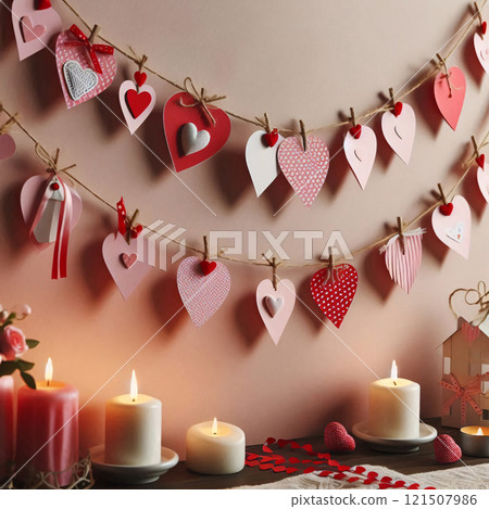 A festive Valentine's Day scene with hanging hearts, candles, and flowers 121507986
