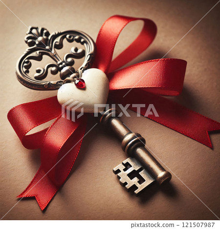 An ornate antique key with a red ribbon tied around it, surrounded by small hearts 121507987