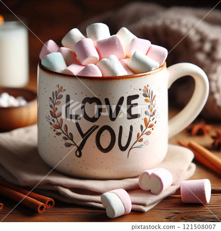 A mug filled with marshmallows sits on a table with the words "Love You" written on it 121508007