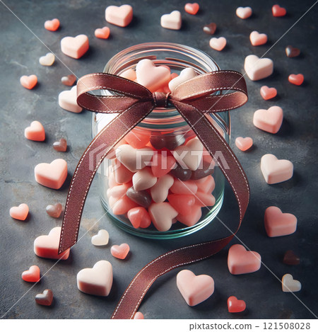 A glass jar filled with heart-shaped candies is tied with a brown ribbon 121508028