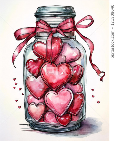 A glass jar filled with red and pink heart-shaped candies, tied with a red ribbon A glass jar filled with red and pink heart-shaped candies, tied with a red ribbon 121508040