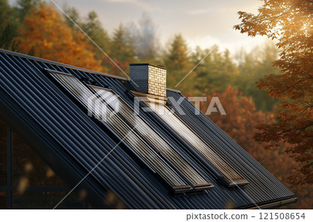 Rooftop solar water heater system enhances energy efficiency in rural home. Generative AI 121508654