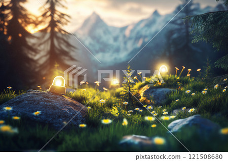 Meadow filled with wildflowers and solar-powered devices under a mountain sunset. Generative AI 121508680