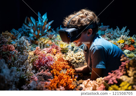 Child explores ecosystems in virtual reality powered by renewable energy. Generative AI 121508705
