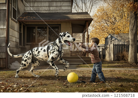 Robotic dog plays fetch with young boy in a backyard on a sunny day. Generative AI 121508718