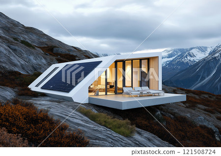 Scenic mountain lodge powered by renewable energy in a picturesque landscape 121508724