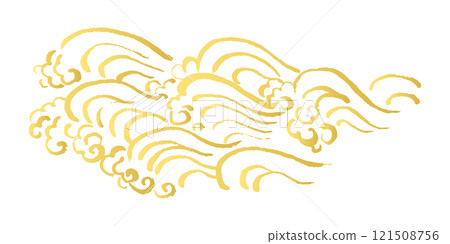 日式插畫/日本波浪，帶有動感和褪色的金色水平毛筆設計。海和水濺的線條畫 121508756