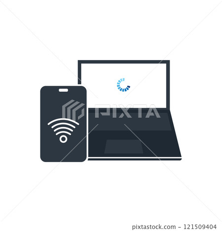Phone and laptop with loading circle and WIFI icon Phone and laptop with loading circle and WIFI icon 121509404