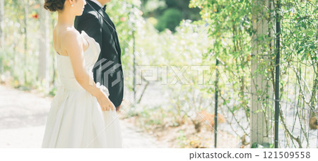 Profile of a couple in dresses walking hand in hand along a tree-lined path in a park (wedding, wedding photo, bride and groom) 121509558