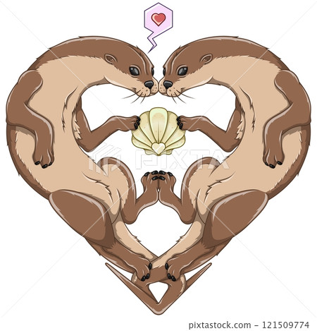 Heart shaped otter couple with seashell 121509774