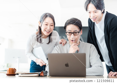 A business team surprised by the information on a computer A business team surprised by the information on a computer 121509811