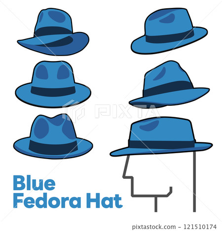 Set Blank Blue Fedora Hat Vector for Template. Blue Fedora Hat Technical Fashion Illustration. Blue Fedora Hat Isolated on White Background. Vector Illustration. All in a single layer. Elements for 121510174